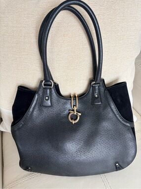 Salvatore Ferragamo Black Leather Shoulder Bag Gold Hardware Great Condition